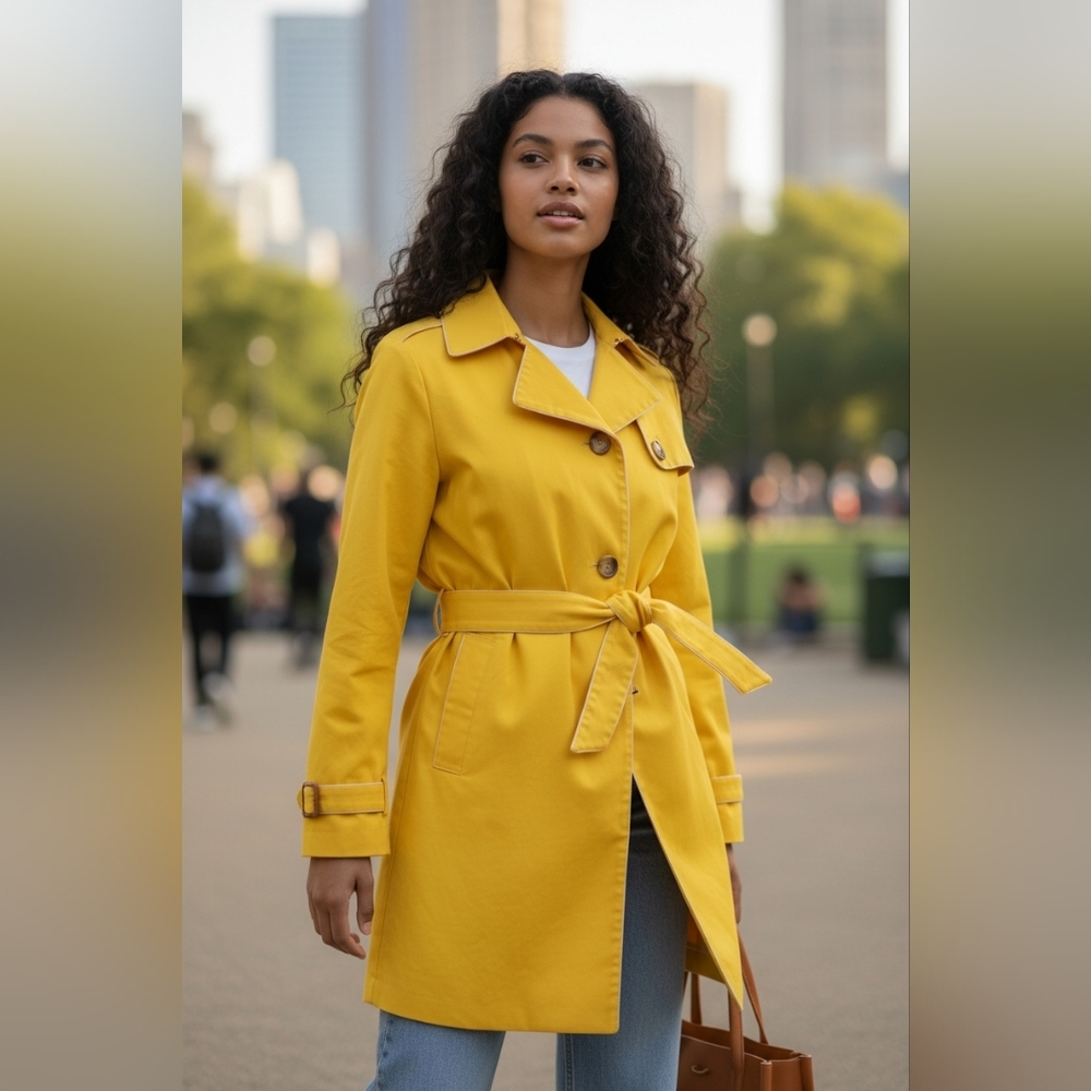 Bright Yellow Belted Trench Coat‎ – Mod Retro Rain Jacket, Utility Style, Size M